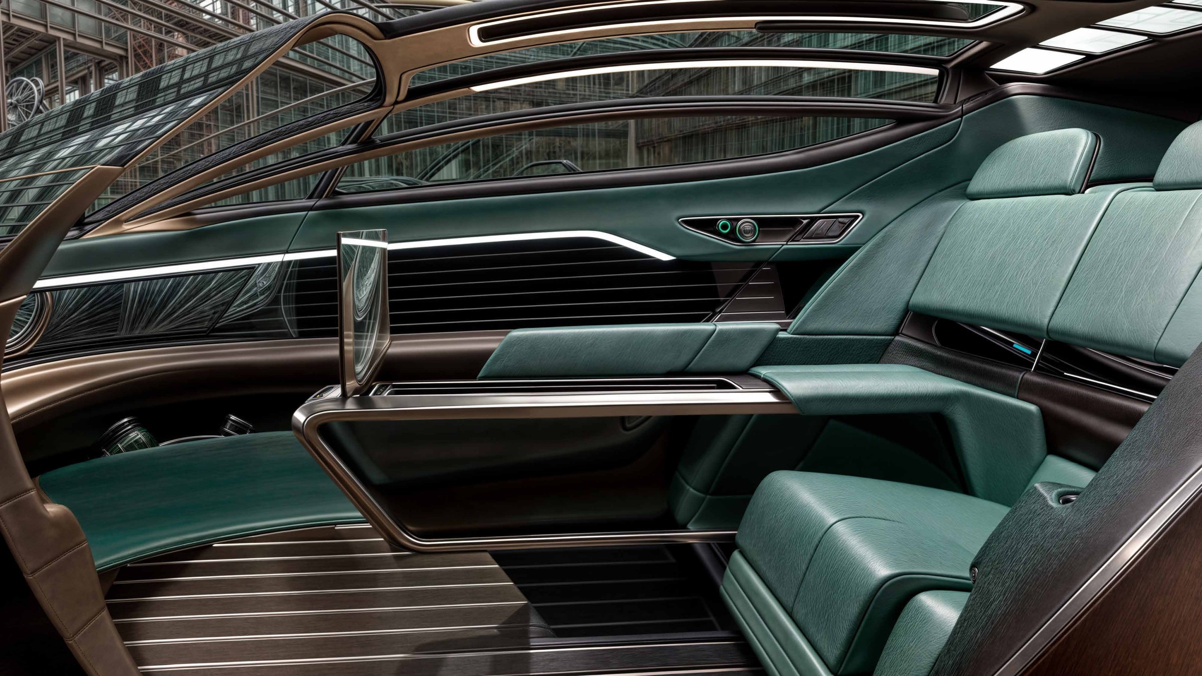 Green lounge seating beneath Azure curved glazing