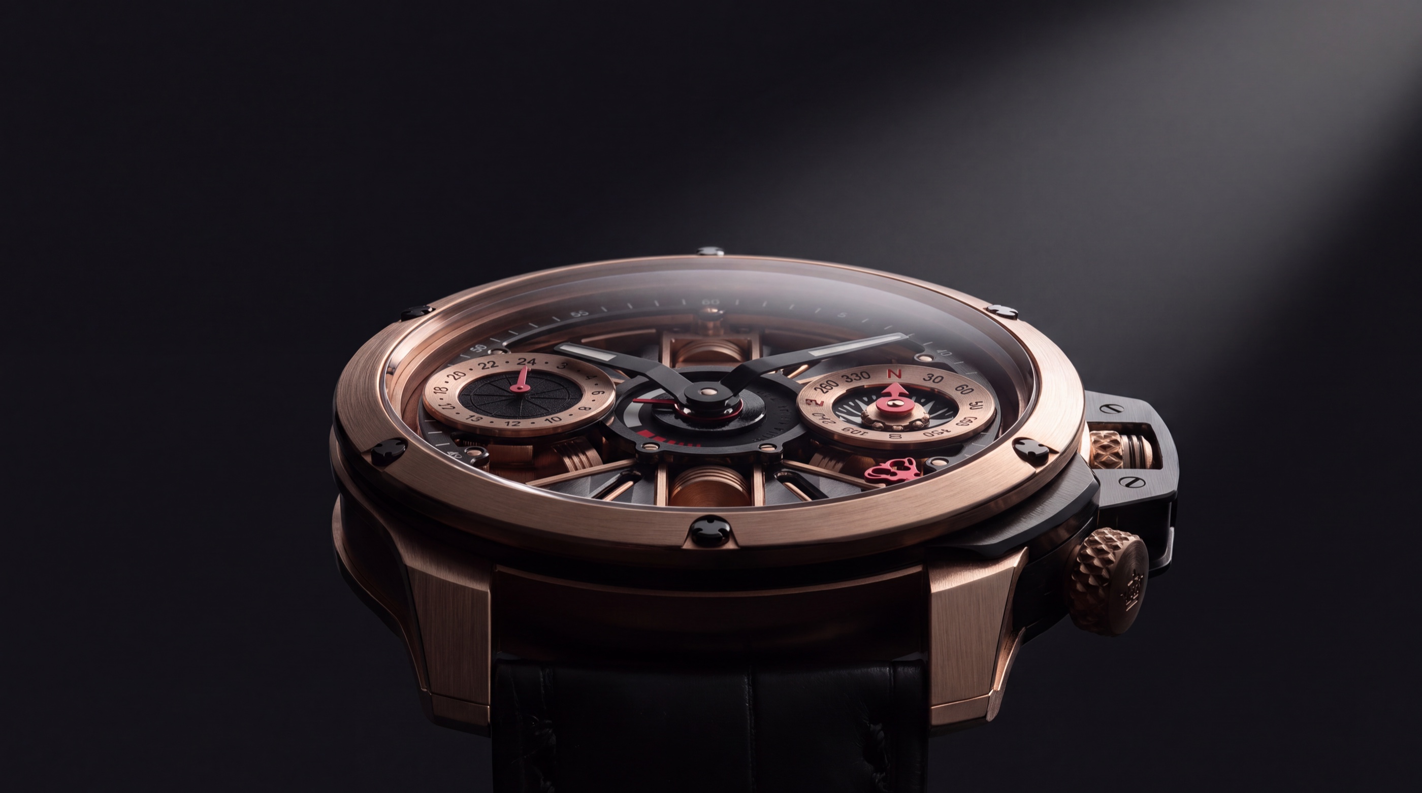 Monarch Del Tempo timepiece concept, a close-up of its rose-gold dial against a dark studio background
