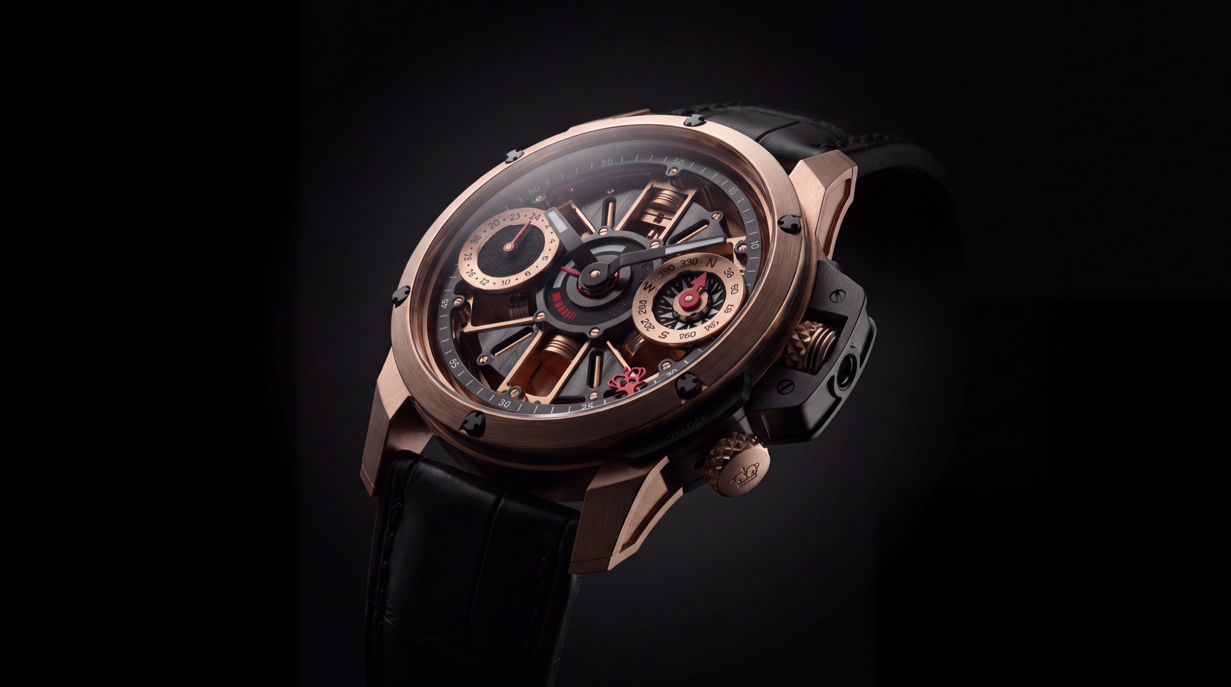 Monarch Del Tempo concept in a three-quarter studio view, showing the layered dial and rose-gold-coloured case